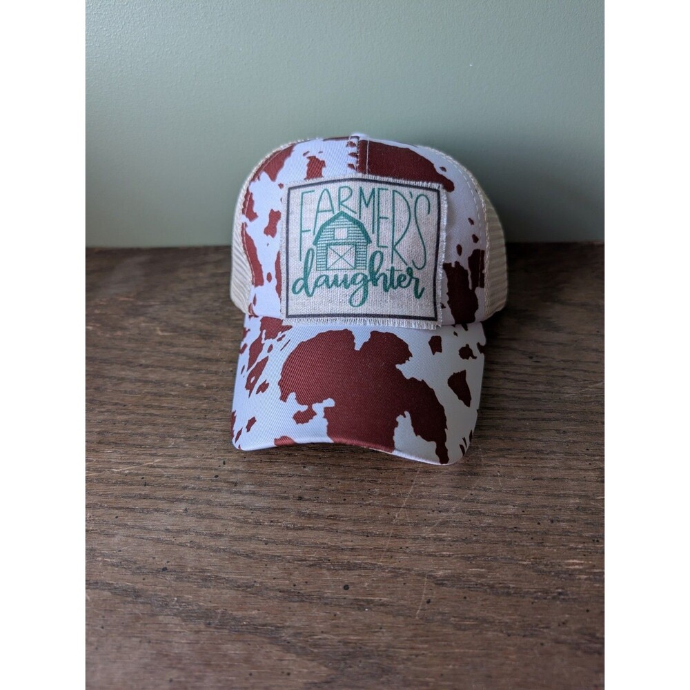 Women's 'Farmer's Daughter' Trucker Hat Mesh Cap Cow Print Ponytail Strap Back